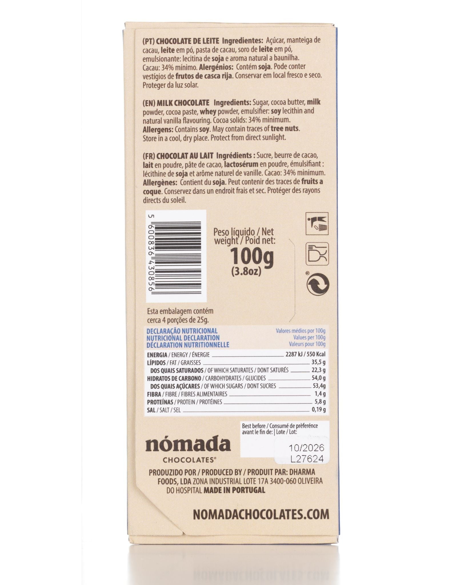 Milk Chocolate Bar with 34% Cocoa Nómada 100g