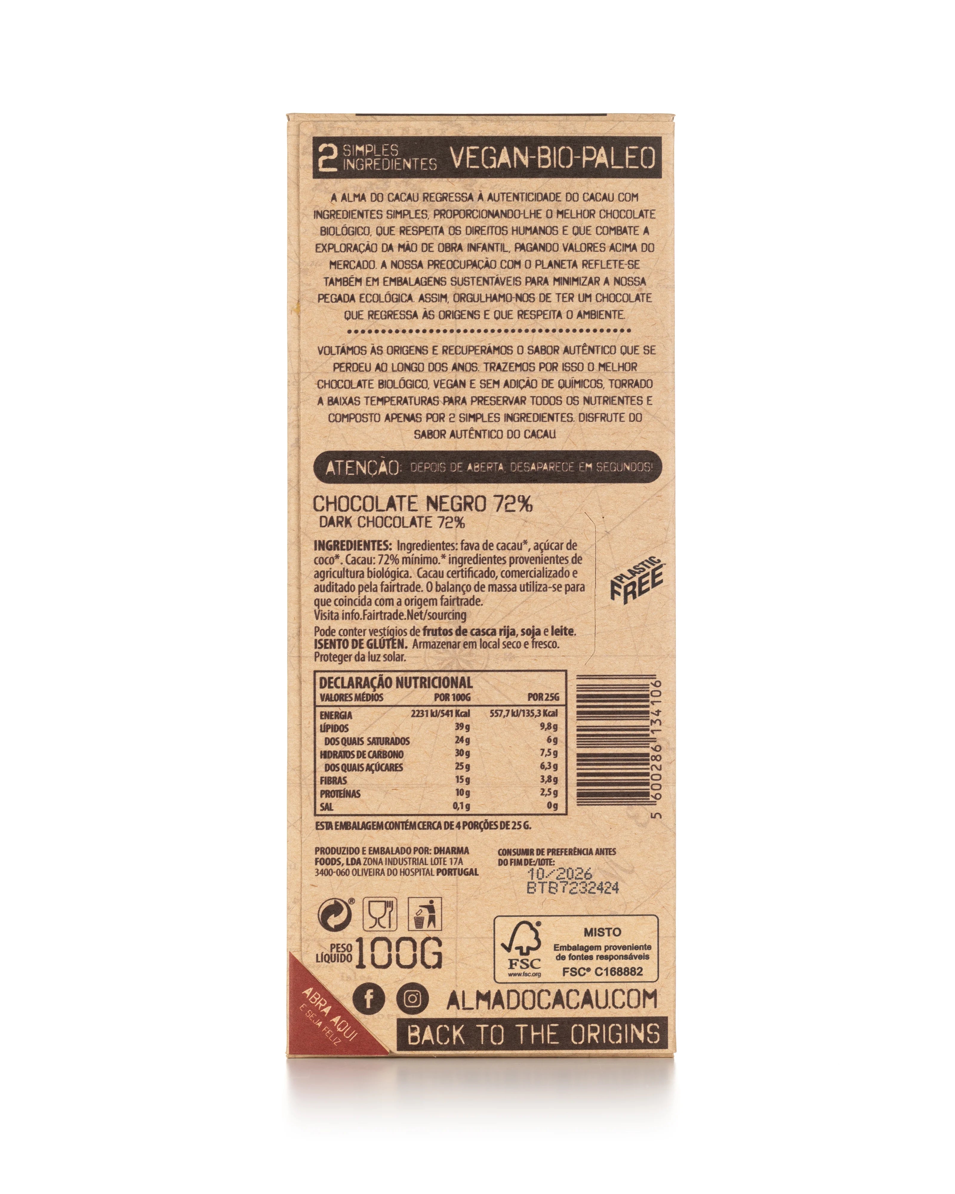 Chocolate Negro BIO 72% Cacau Alma do Cacau 100g
