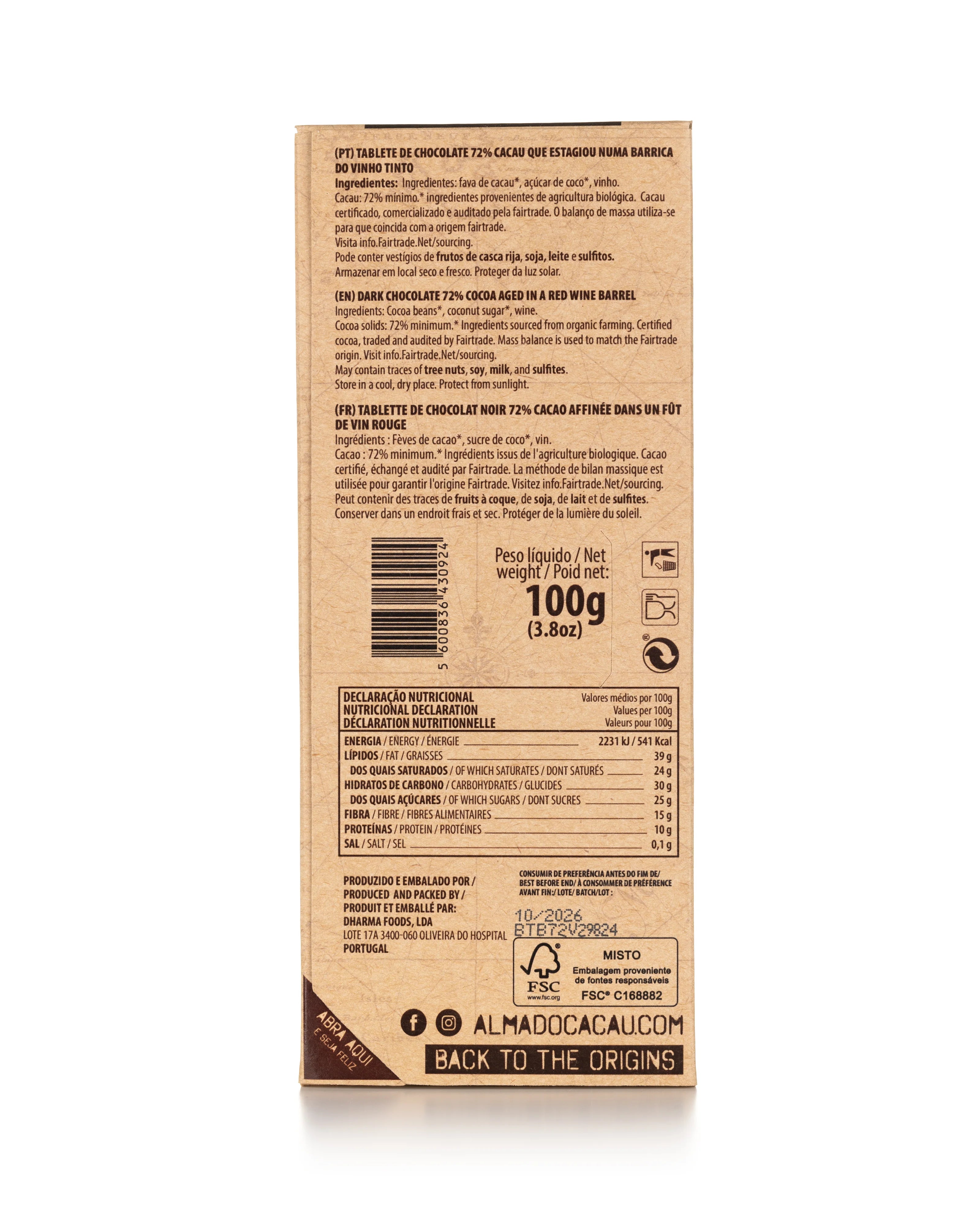 Chocolate 72% with Barrel Aging Red Wine Fortified 100g