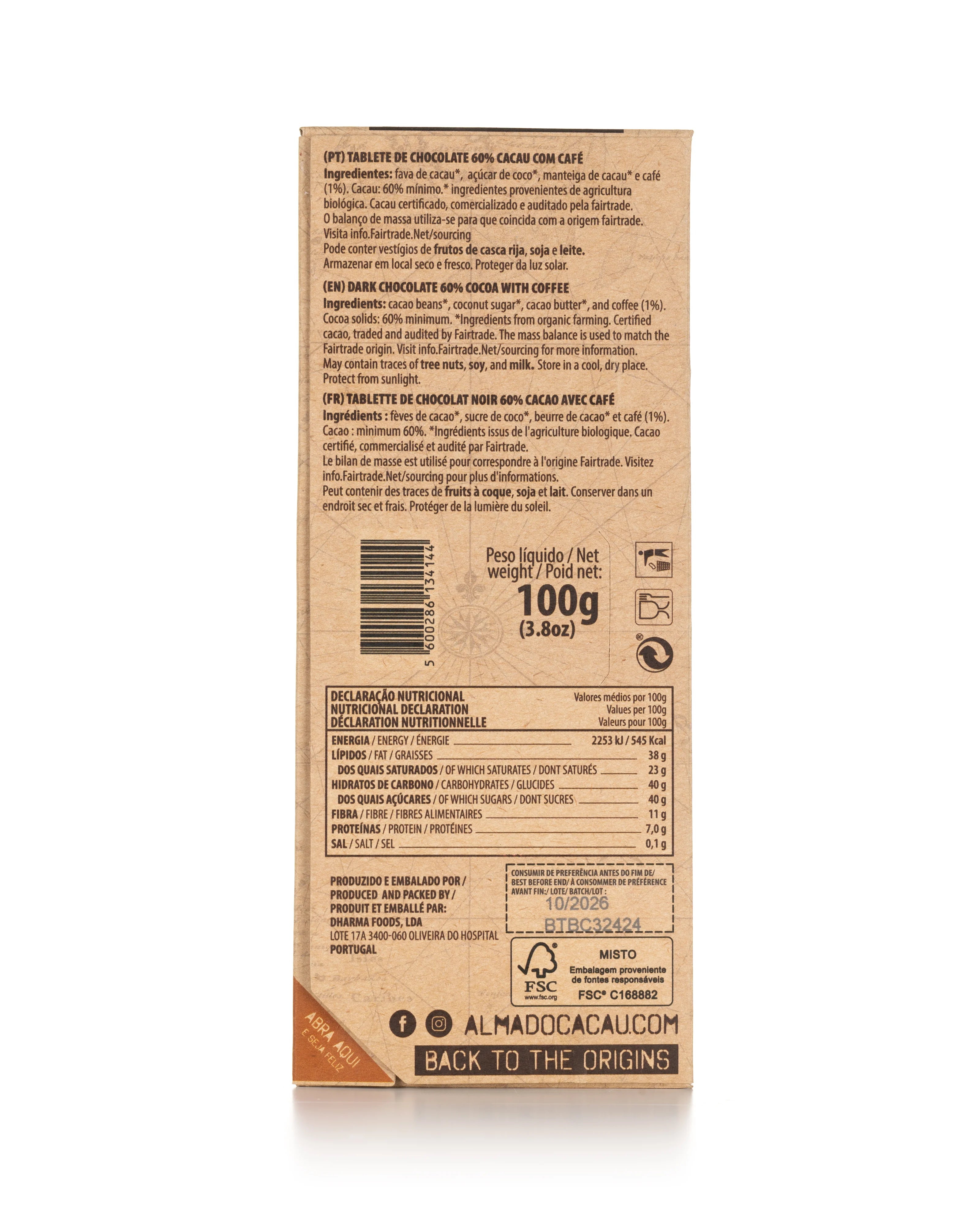 Chocolate Negro BIO 60% Cacau com Café Alma do Cacau 100g