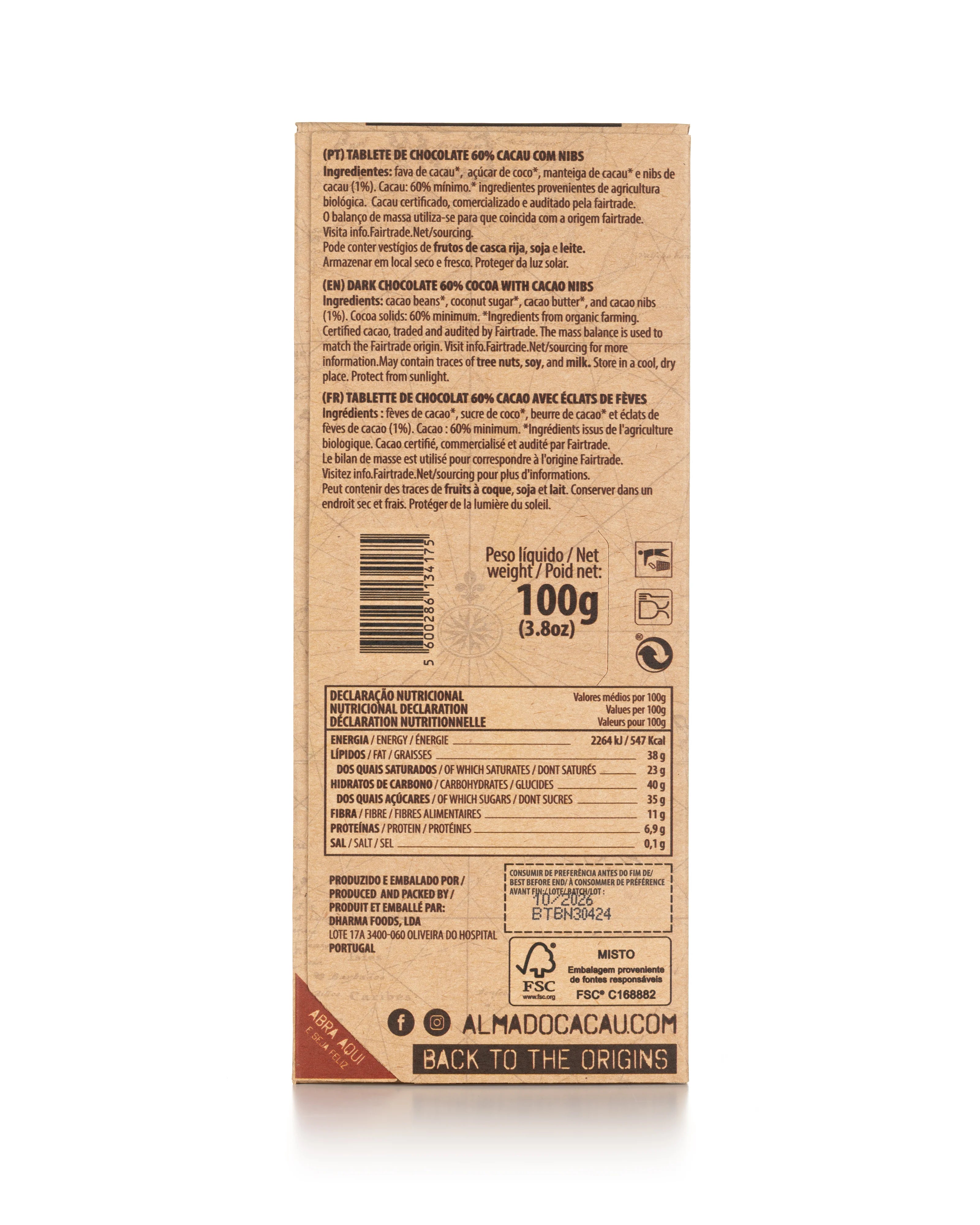Chocolate Negro BIO 60% Cacau c/ Nibs de Cacau Cru Alma do Cacau 100g