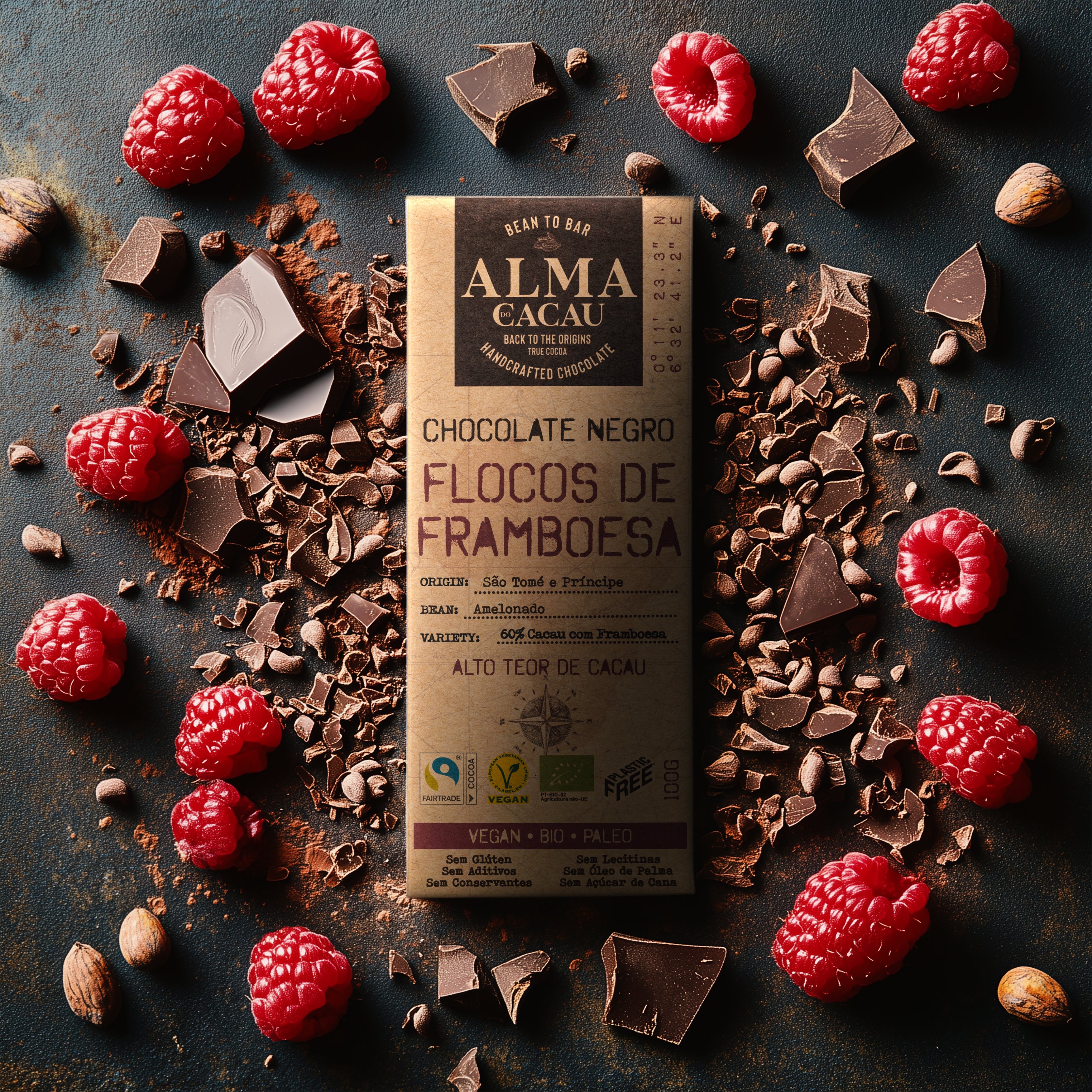 Chocolate Negro BIO 60% Cacau c/ Flocos de Framboesa Alma do Cacau 100g