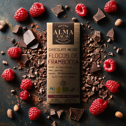 Chocolate Negro BIO 60% Cacau c/ Flocos de Framboesa Alma do Cacau 100g