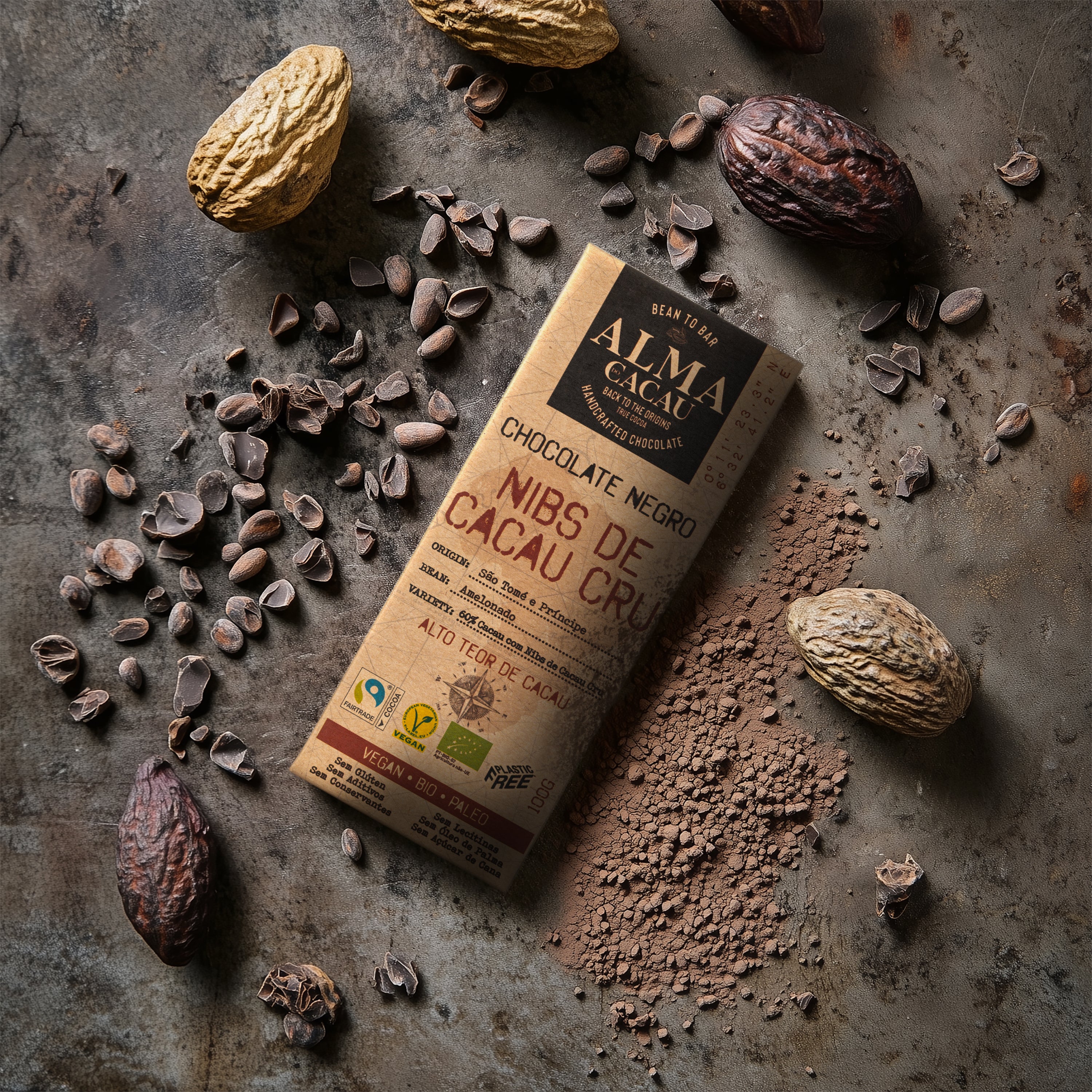 Dark Chocolate BIO 60% Cocoa w/ Raw Cocoa Nibs Alma do Cacau 100 g