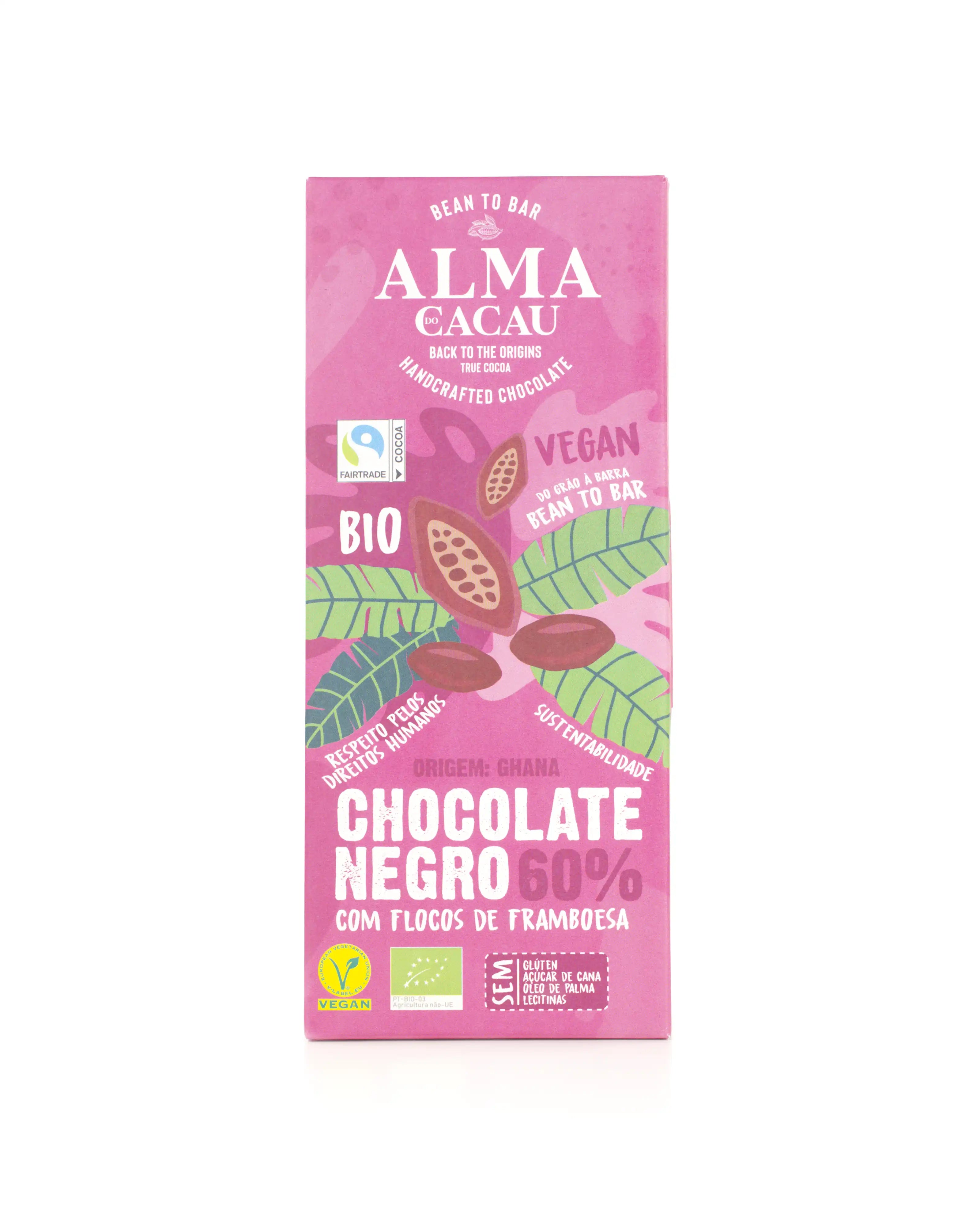 Chocolate Negro BIO 60% Cacau c/ Flocos de Framboesa Alma do Cacau 100g