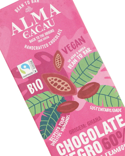 Chocolate Negro BIO 60% Cacau c/ Flocos de Framboesa Alma do Cacau 100g