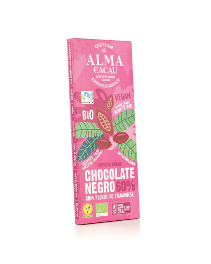 Chocolate Negro BIO 60% Cacau c/ Flocos de Framboesa Alma do Cacau 100g