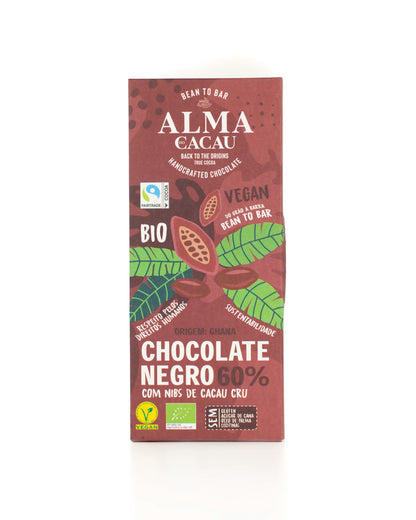 Chocolate Negro BIO 60% Cacau c/ Nibs de Cacau Cru Alma do Cacau 100 g