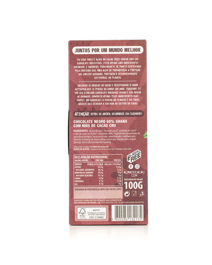 Chocolate Negro BIO 60% Cacau c/ Nibs de Cacau Cru Alma do Cacau 100 g