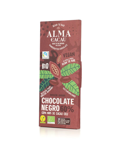 Chocolate Negro BIO 60% Cacau c/ Nibs de Cacau Cru Alma do Cacau 100 g