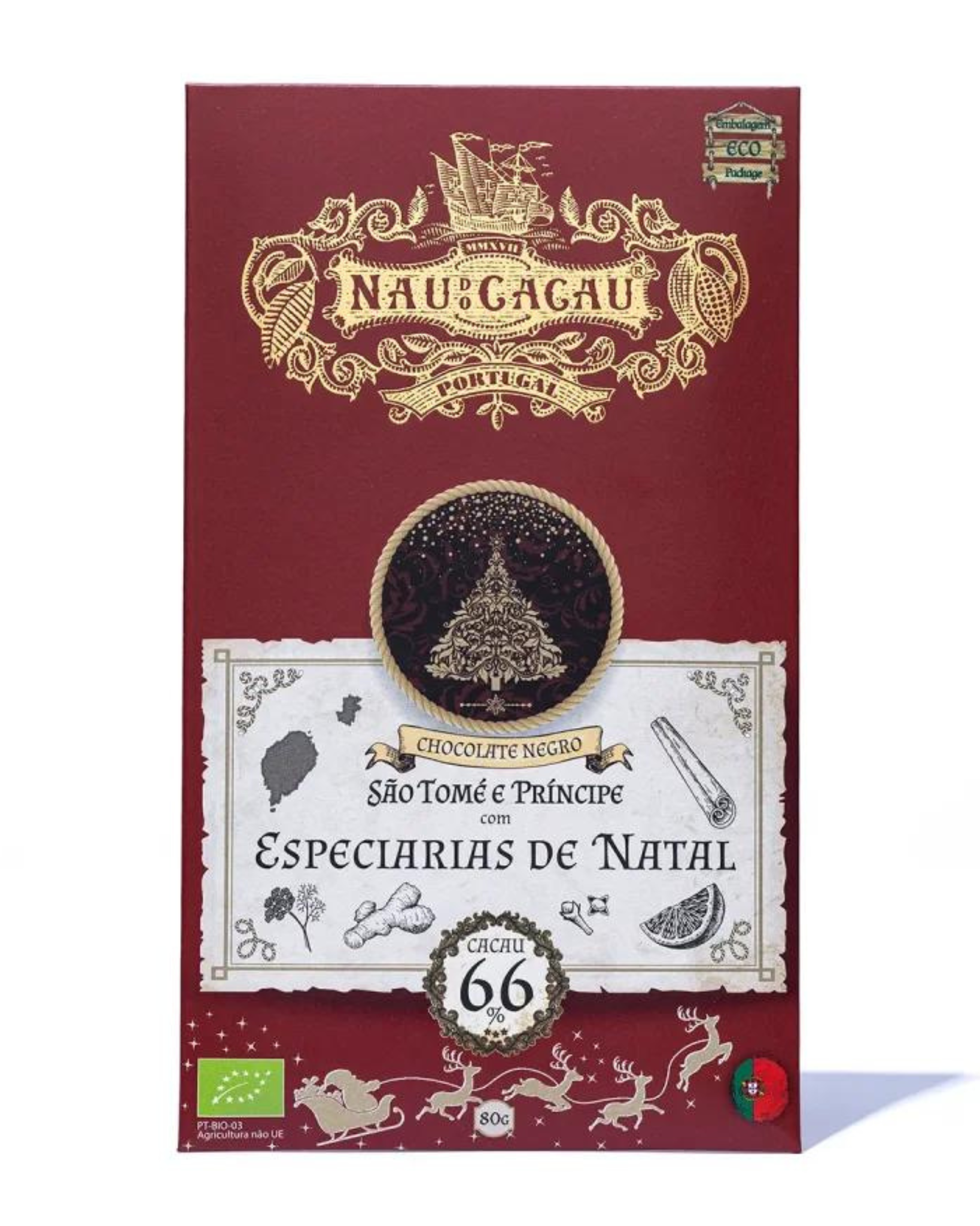 Tablete Chocolate Negro Biológico S. Tomé e Príncipe c/ Especiarias de Natal Nau do Cacau 80g