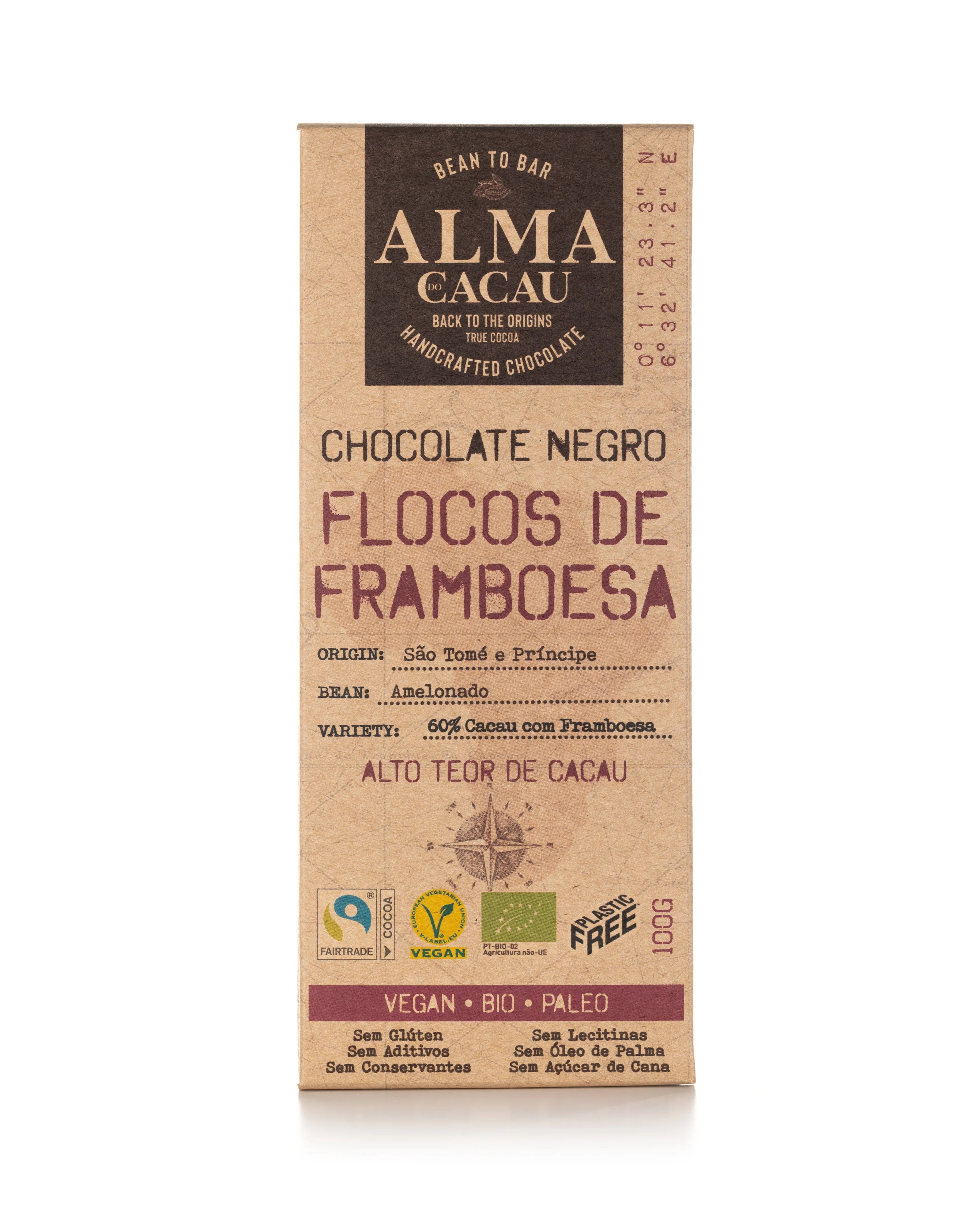Chocolate Negro BIO 60% Cacau c/ Flocos de Framboesa Alma do Cacau 100g