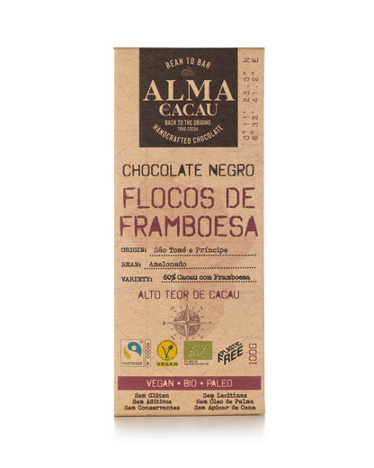 Chocolate Negro BIO 60% Cacau c/ Flocos de Framboesa Alma do Cacau 100g