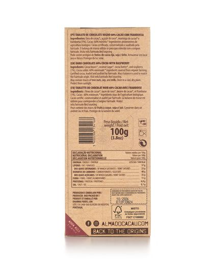Chocolate Negro BIO 60% Cacau c/ Flocos de Framboesa Alma do Cacau 100g