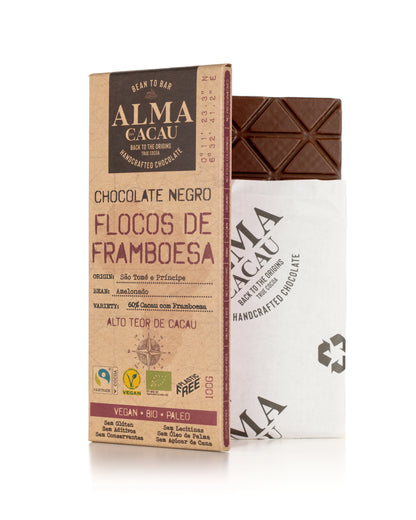 Chocolate Negro BIO 60% Cacau c/ Flocos de Framboesa Alma do Cacau 100g