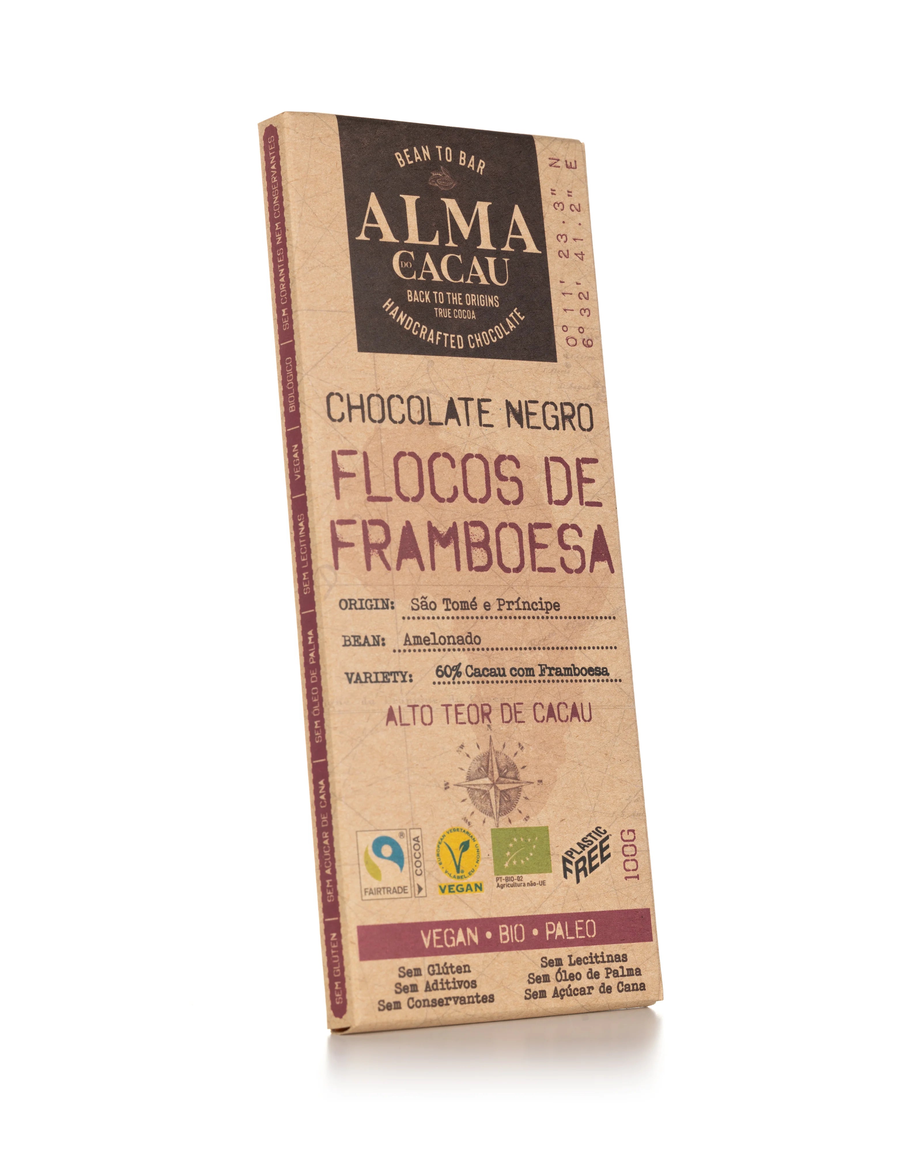 Chocolate Negro BIO 60% Cacau c/ Flocos de Framboesa Alma do Cacau 100g