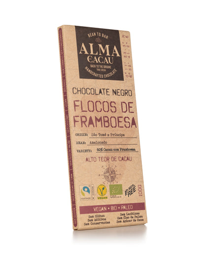 Chocolate Negro BIO 60% Cacau c/ Flocos de Framboesa Alma do Cacau 100g