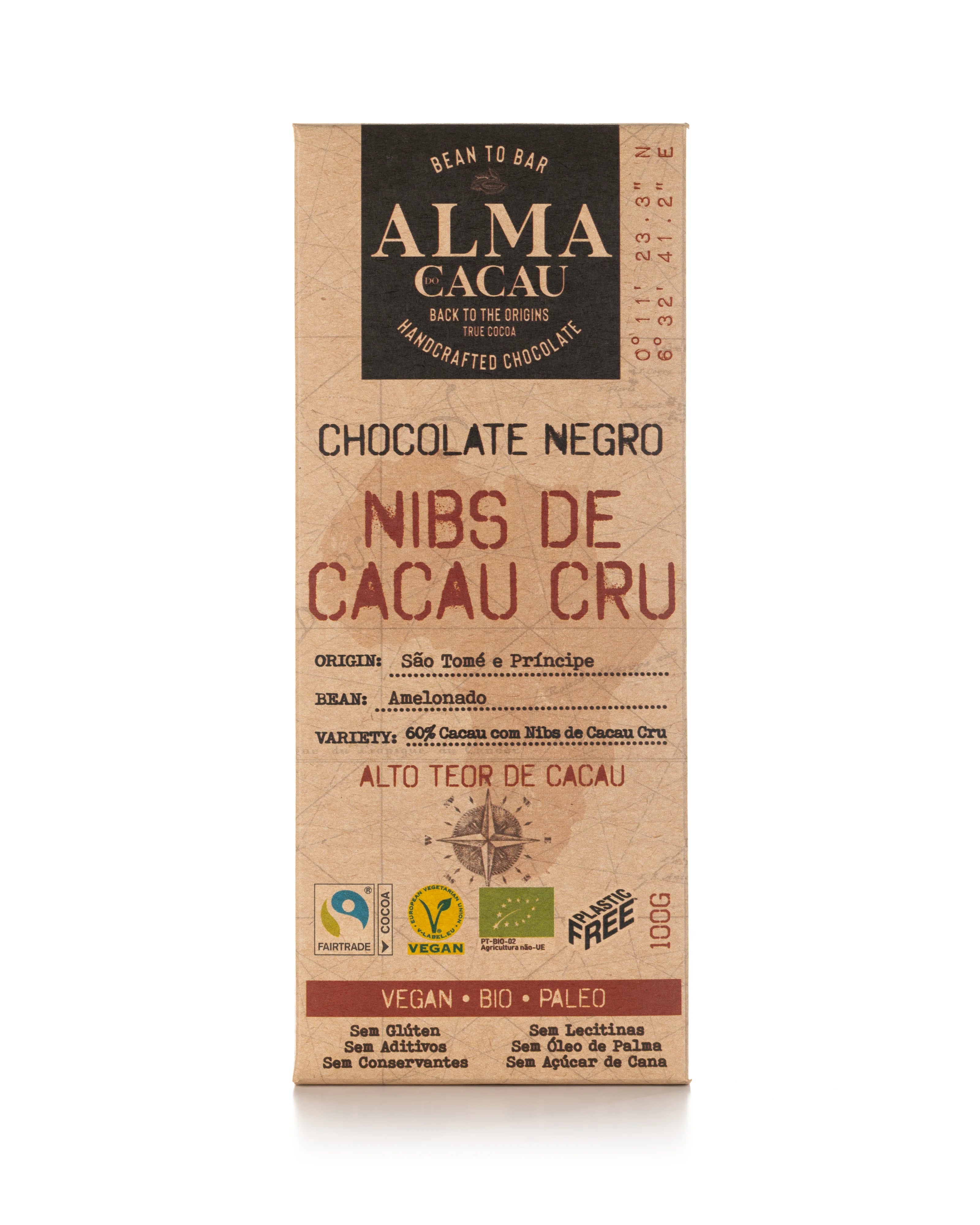 Chocolate Negro BIO 60% Cacau c/ Nibs de Cacau Cru Alma do Cacau 100g